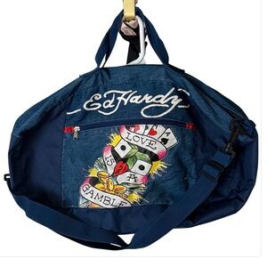 Ed Hardy denim duffle bag with crossbody strap outside pocket